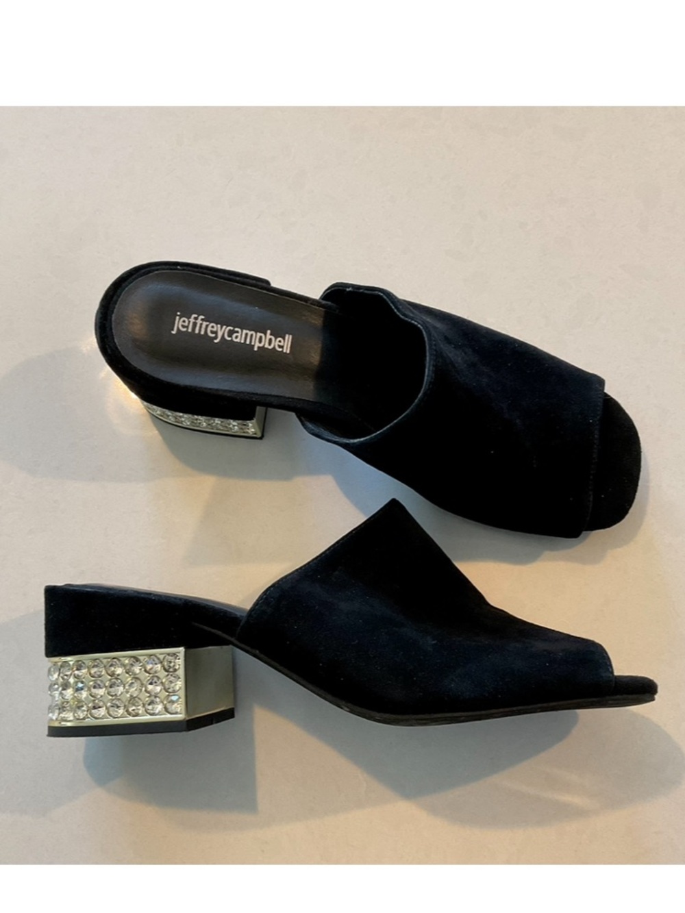 JEFFREY CAMPBELL Teseida Black Suede Crystal Studded Heel Mule  Size 7.5